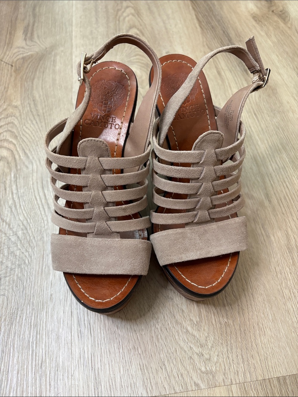 Vince Camuto Onia Suede Wooden Platform Wedge Sandals Size 7 summer leather wood - Picture 2 of 12